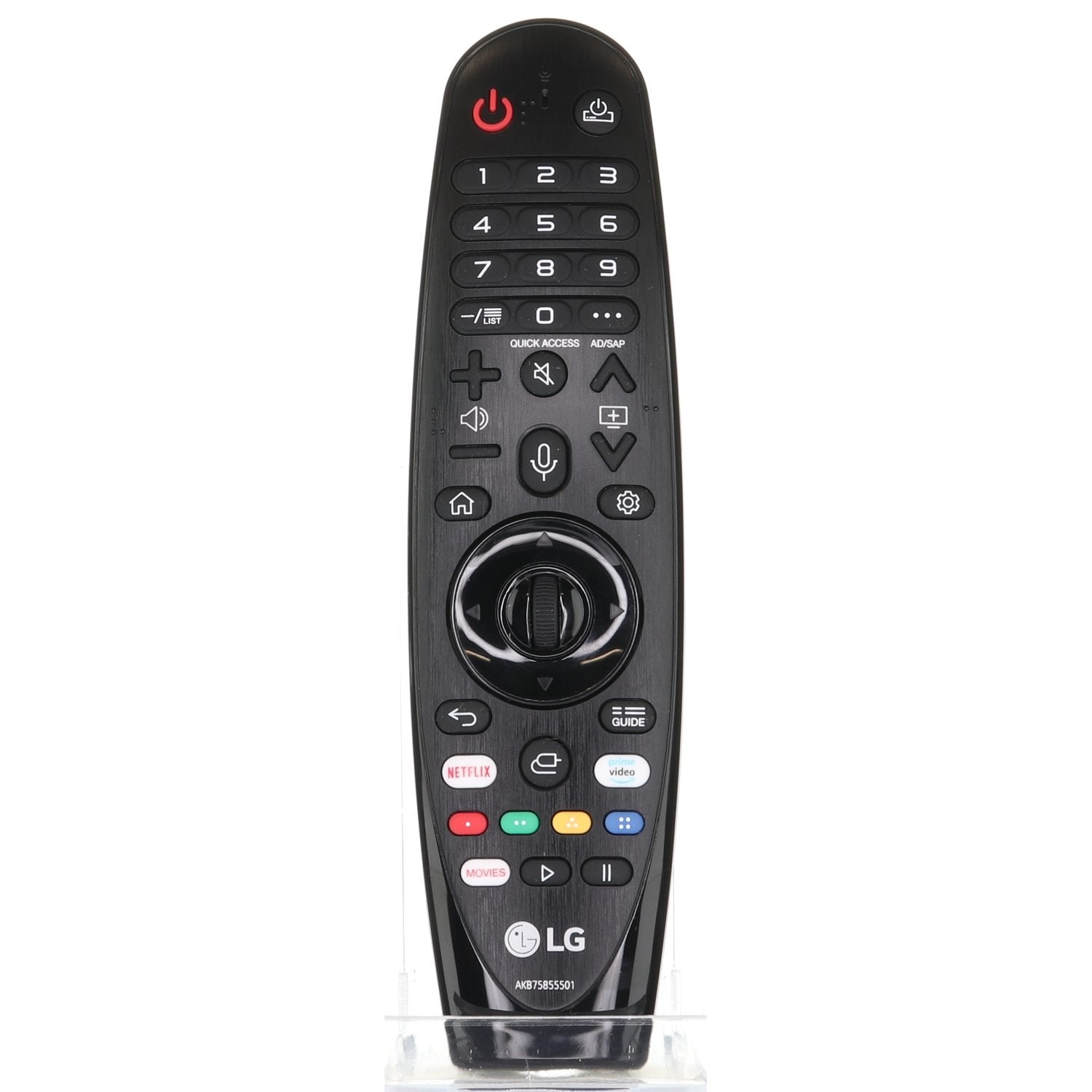The LG ANMR20GA MAGIC TV Remote Control - AKB75855501 is black with buttons for volume, channel, and power. It includes streaming service shortcuts, navigation controls, and voice control capabilities for a streamlined experience.