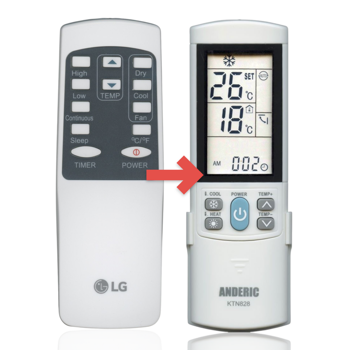 Anderic KTN828 universal remote control next to an original LG air conditioner remote with backlit LCD display.