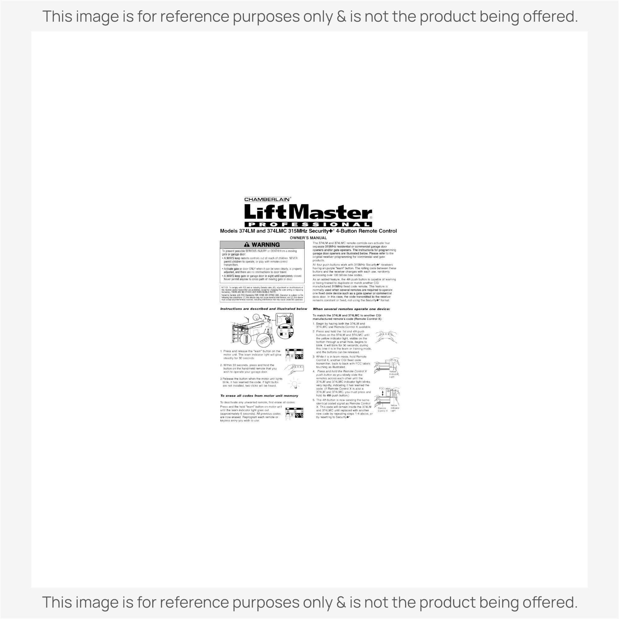 Sustituto del control remoto para abrir puertas de garaje de 4 botones con visera LiftMaster 374LM / 374LMC de 315 MHz [375UT-3botones]