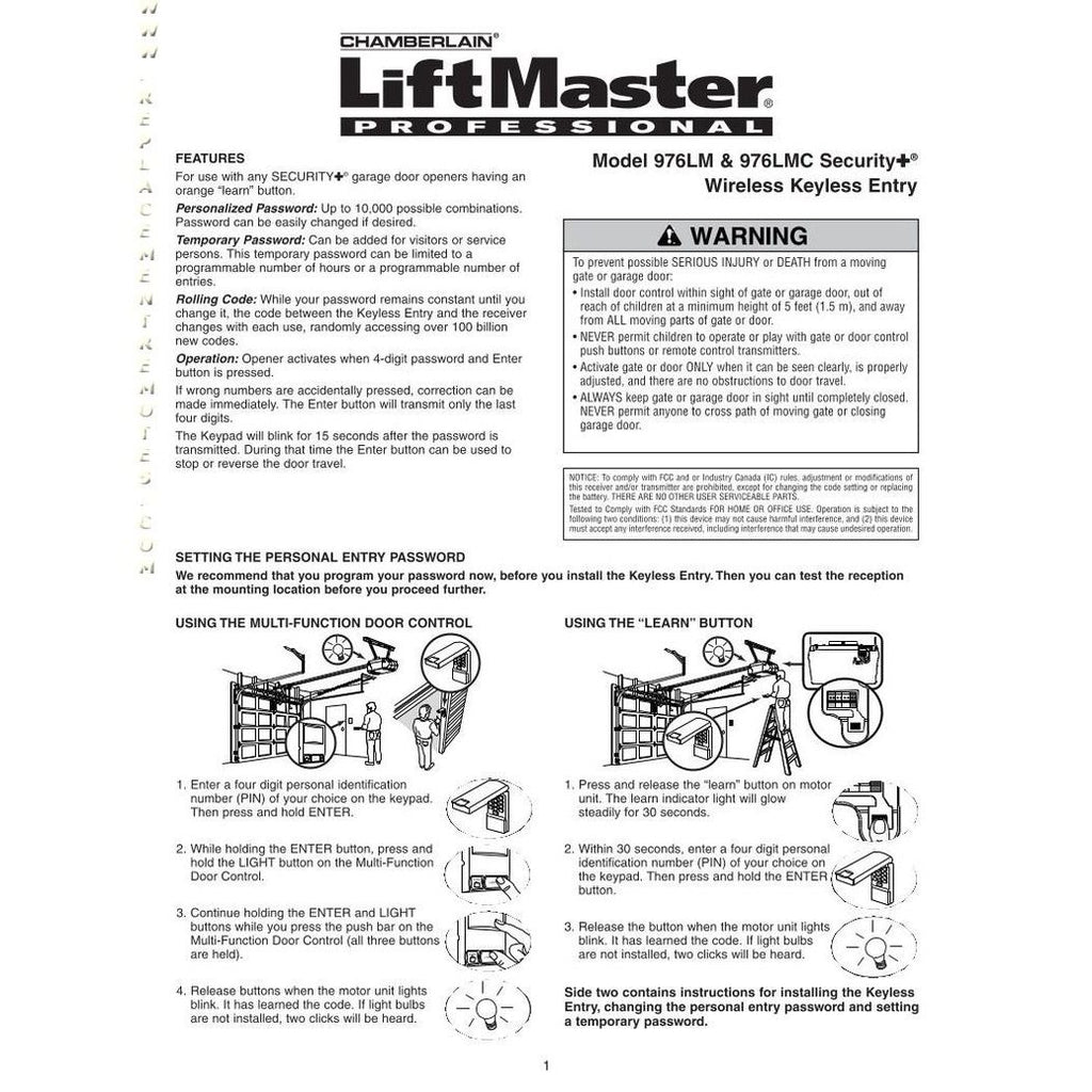 LiftMaster 976LM / 96LM / 976LMC Wireless Keyless Entry 390 Mhz Garage