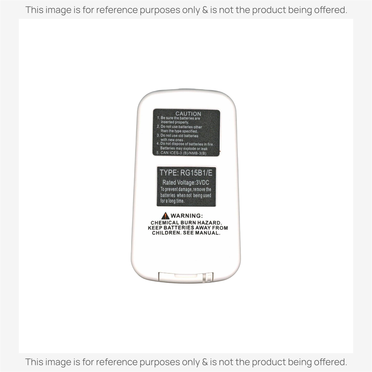 Anderic replacement remote control for Midea air conditioners showing the white back panel with battery safety labels