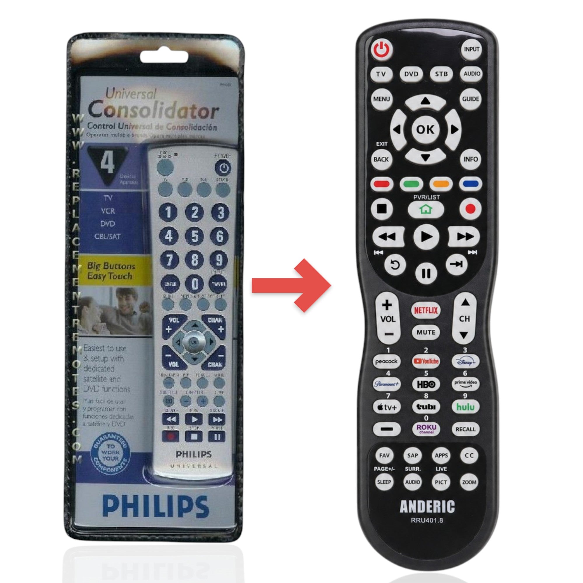 Sustituto del control remoto universal Philips PM435S de 3 dispositivos [RRU401]
