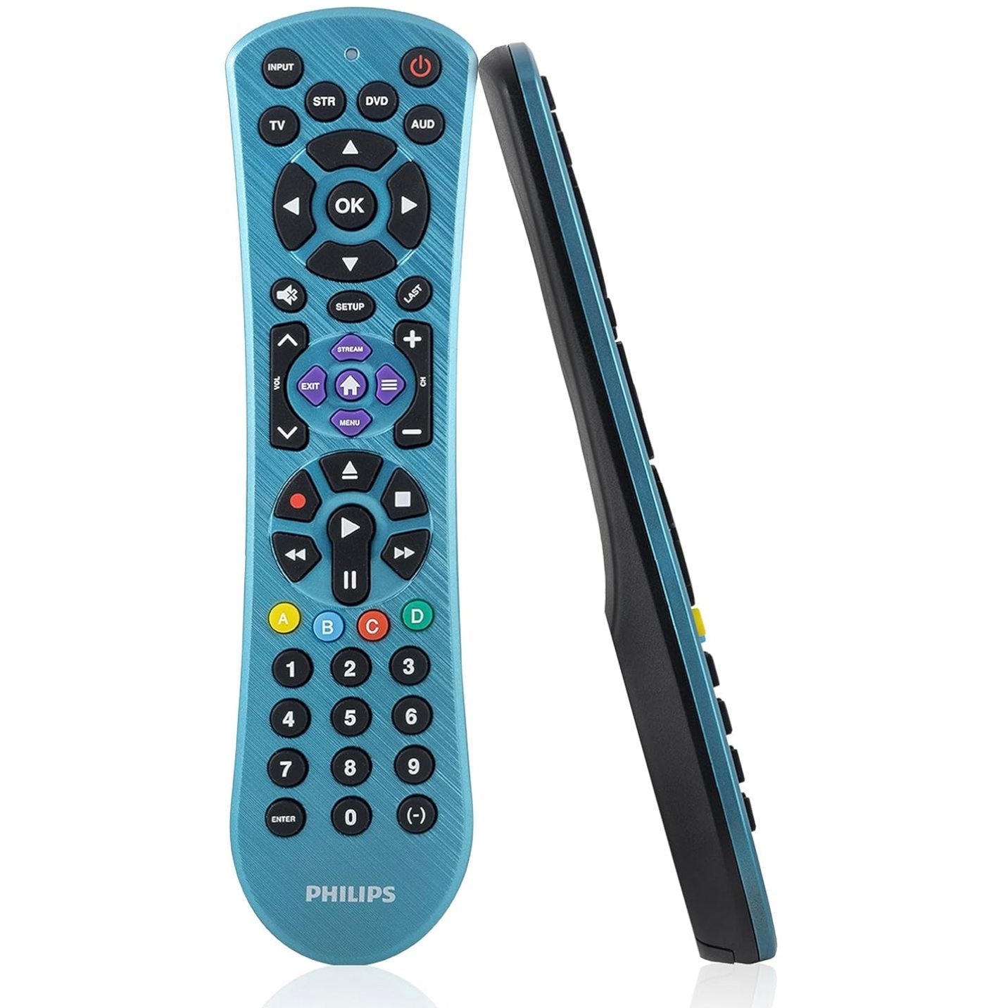 The Philips SRP4229B/27 4-Device Universal Remote Control in sleek blue and black offers buttons for volume, channel, and input functions. It's designed for multi-device control with both front and side views displayed.