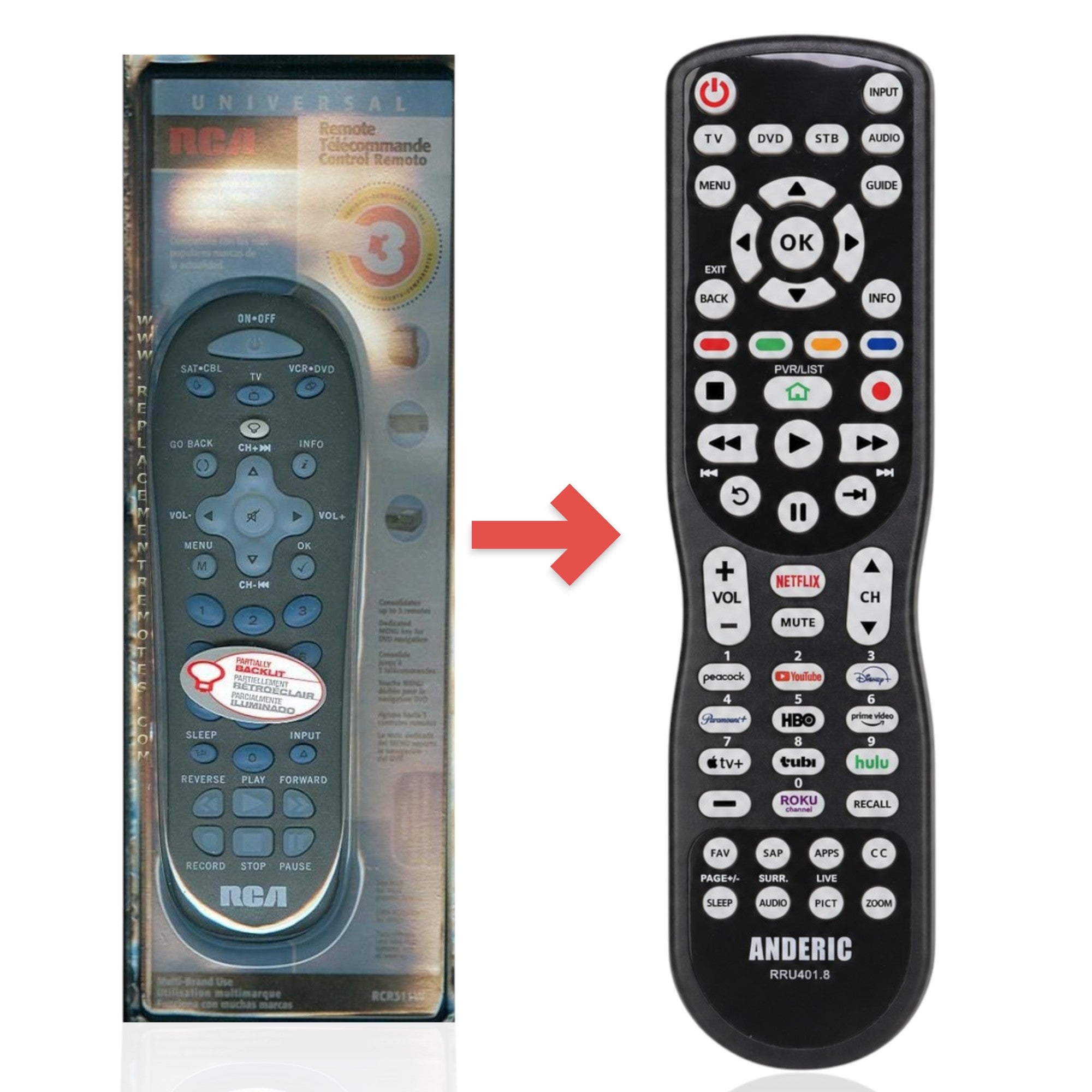 Télécommande universelle 3 appareils RCA RCR311W de remplacement [RRU401]