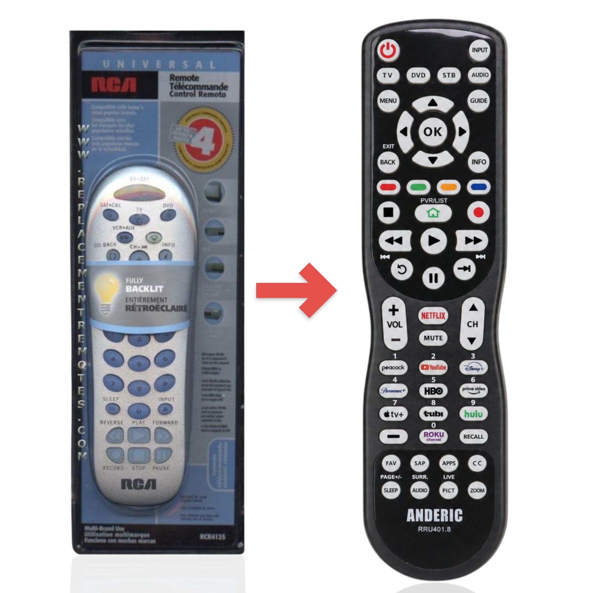 Substitut pour la télécommande universelle 4 appareils RCA RCR412S [RRU401]