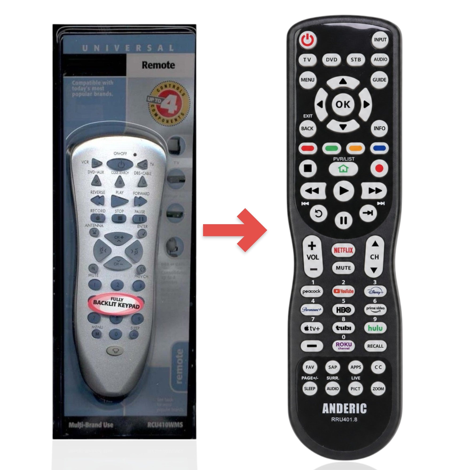 Sustituto para RCA RCU410WMS Control Remoto Universal de 4 Dispositivos [RRU401]