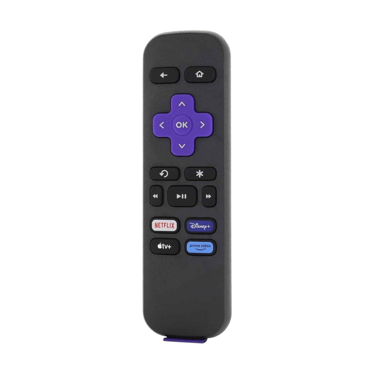Anderic black Roku streaming remote with purple directional pad and shortcut buttons for Netflix, Disney+, and Apple TV+