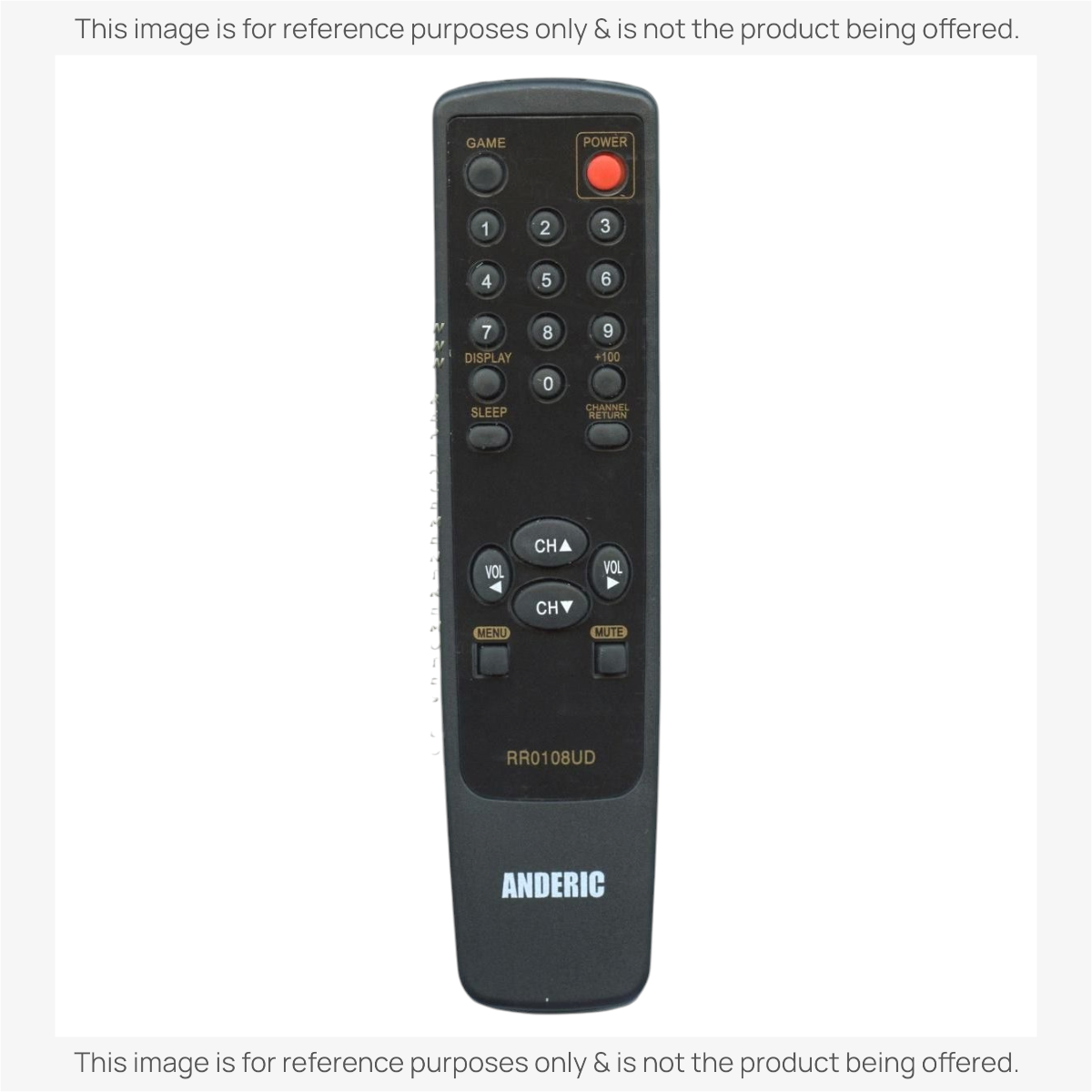 The Anderic RR0108UD Funai TV Remote Control features a sleek black design with buttons for power, game, volume, channel, and numbers.
