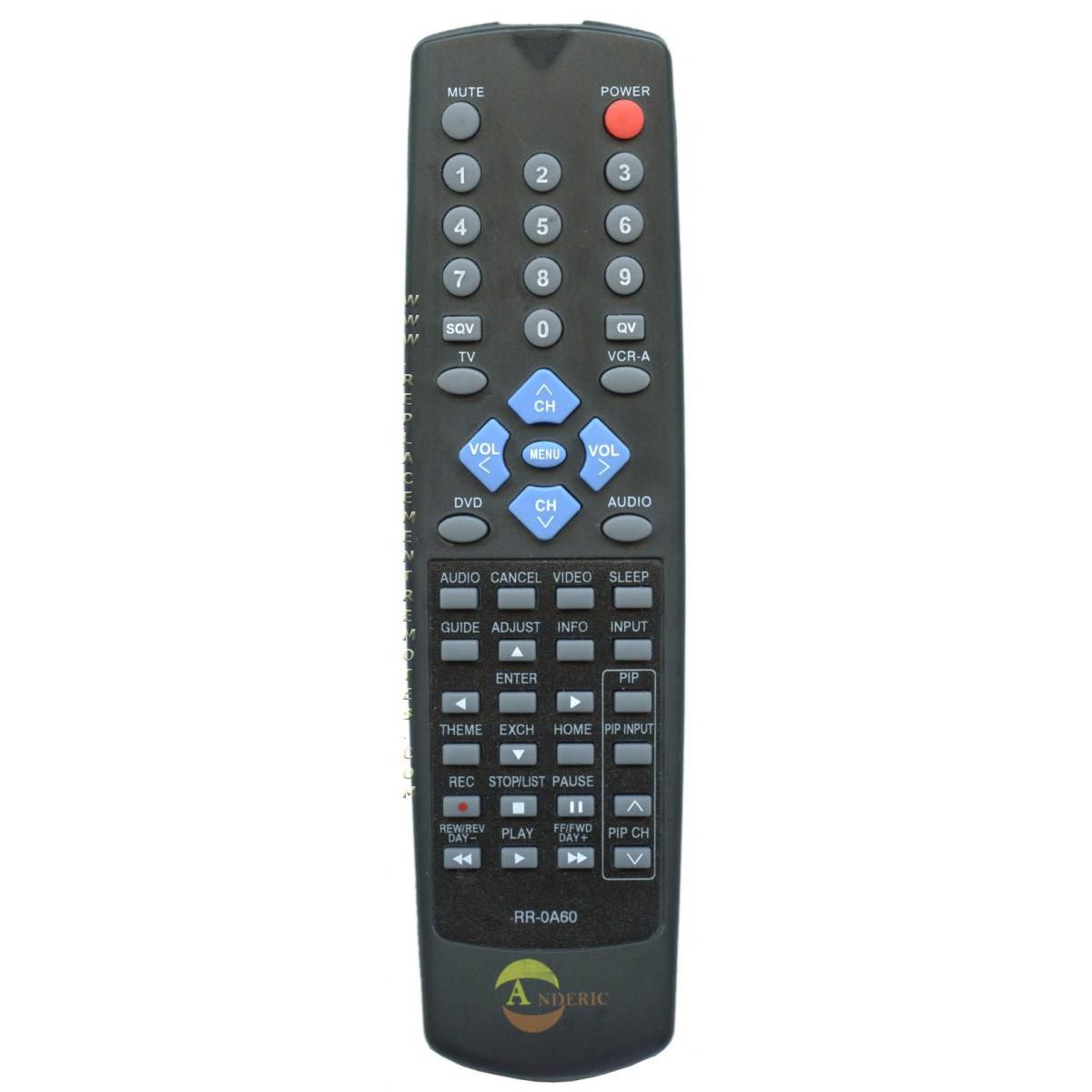 The Anderic RR0A60 Mitsubishi TV Remote Control is a sleek black universal remote featuring power, volume, channel buttons, and a numeric keypad.