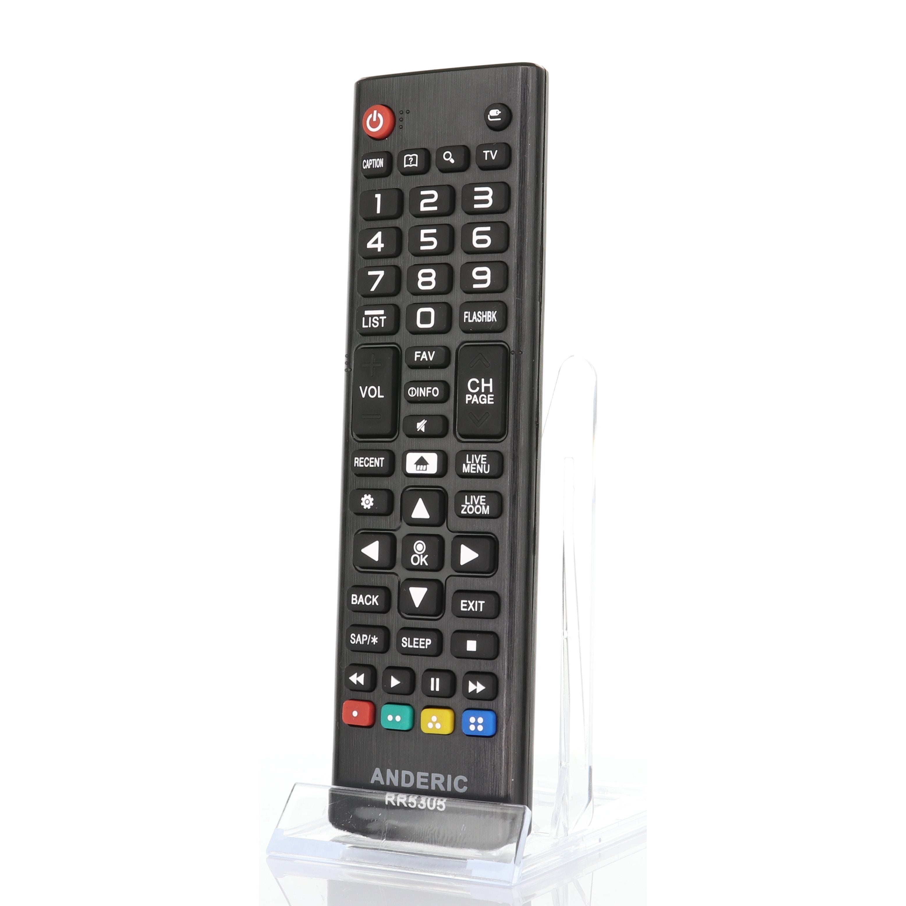 The black Anderic RR5305 for LG TV remote control stands vertically in a clear holder and resembles a pre-programmed LG TV remote, featuring multiple buttons like power, volume, and navigation arrows.