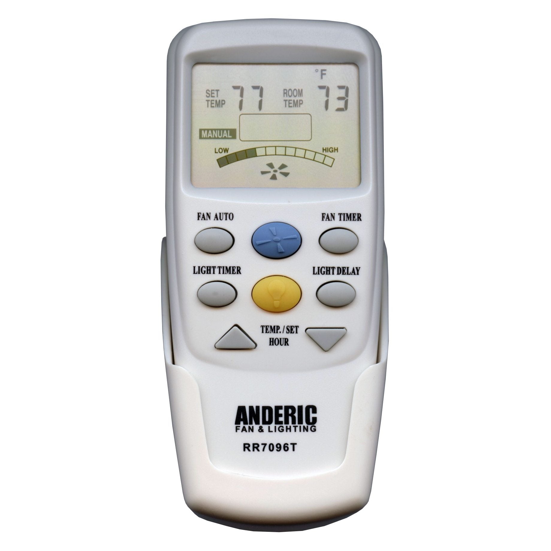 Close-up of the white Anderic CHQ7096T thermostatic remote control (RR7096T), displaying set and room temperatures, with fan and lighting control buttons. Ideal for Hampton Bay ceiling fans.