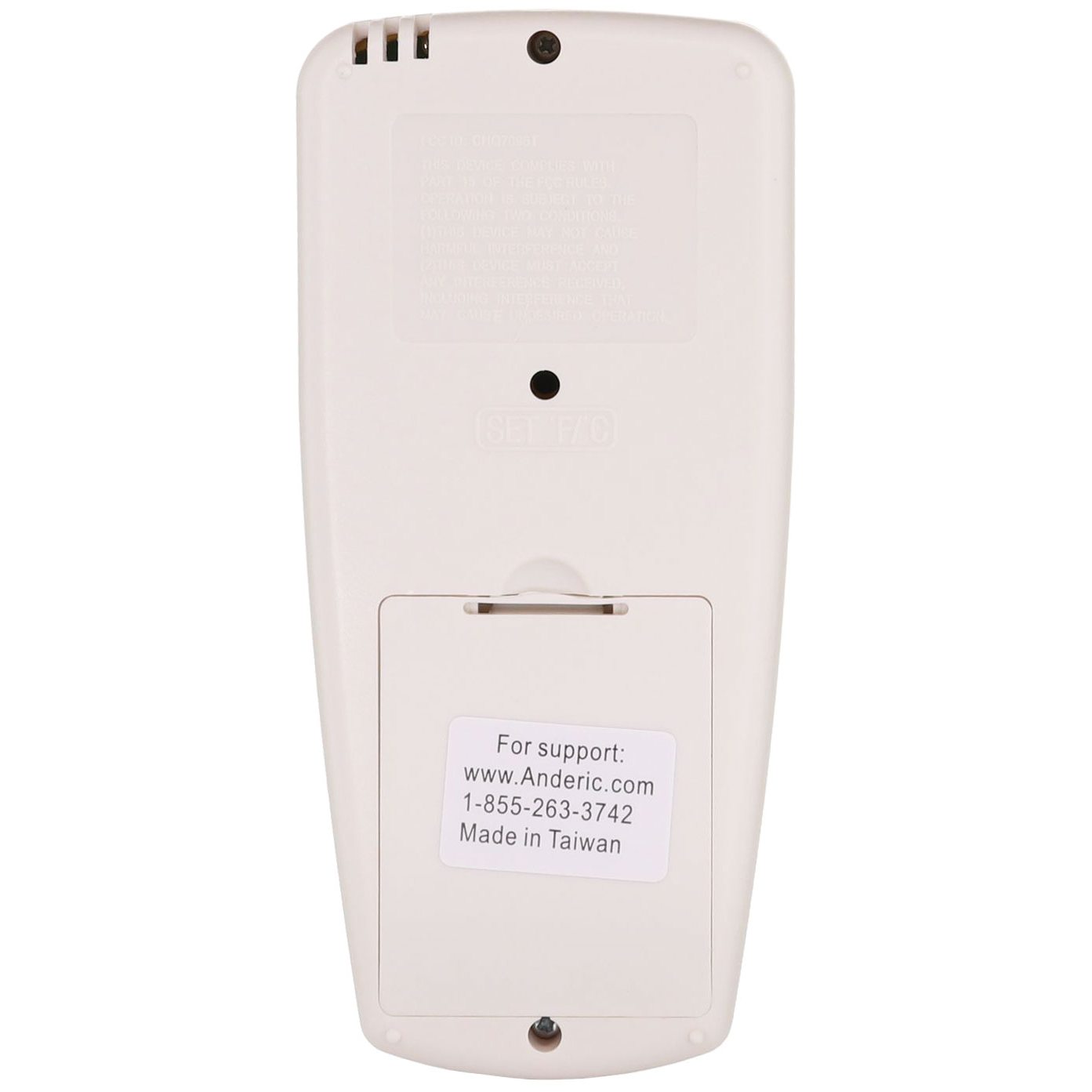 The Anderic CHQ7096T remote for Hampton Bay ceiling fans, featuring a fan timer key, comes in white with a sticker displaying the support website, phone number, and "Made in Taiwan" text, making fan management effortless.
