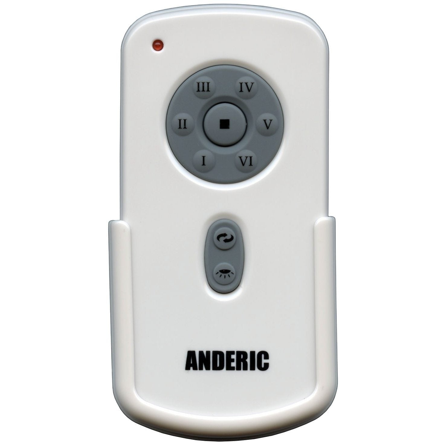 A white Anderic RH787T ceiling fan remote for Casablanca DC Fans, featuring gray buttons with Roman numerals and play/pause symbols, is mounted on a wall holder.