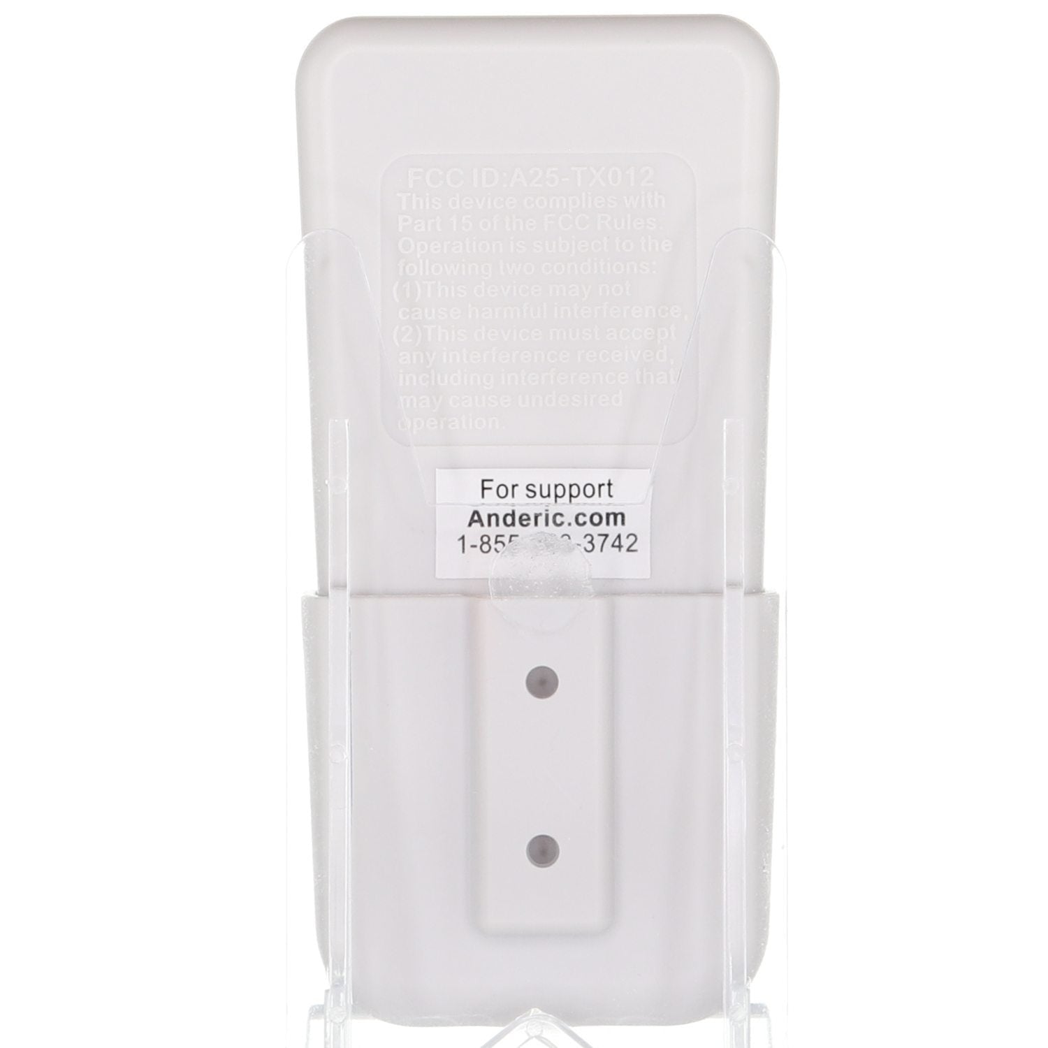 Back view of a Harbor Breeze remote control showing text with an FCC ID, support website, and phone number. The Anderic RRTX012 for Harbor Breeze A25-TX012 A25-TX025 remote is known for its compatibility with DC ceiling fans, ensuring seamless integration and user convenience.