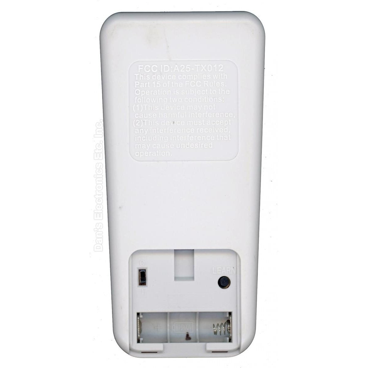 The back of the Anderic RRTX012 for Harbor Breeze A25-TX012/025 Remote Control features slots for two AA batteries and a "LEARN" button, with FCC ID and regulations text, ensuring smooth operation with compatible DC ceiling fans.