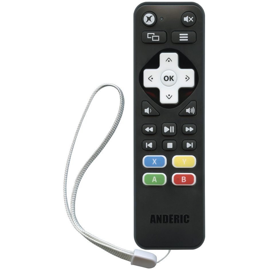 The Anderic RRXB01 Media Remote Control for Xbox One Console is black with user-friendly buttons, including arrows, volume, and colored Y, X, B, A buttons. It features a learning function and wrist strap for secure handling and is preprogrammed to LG/Vizio TVs for seamless integration.