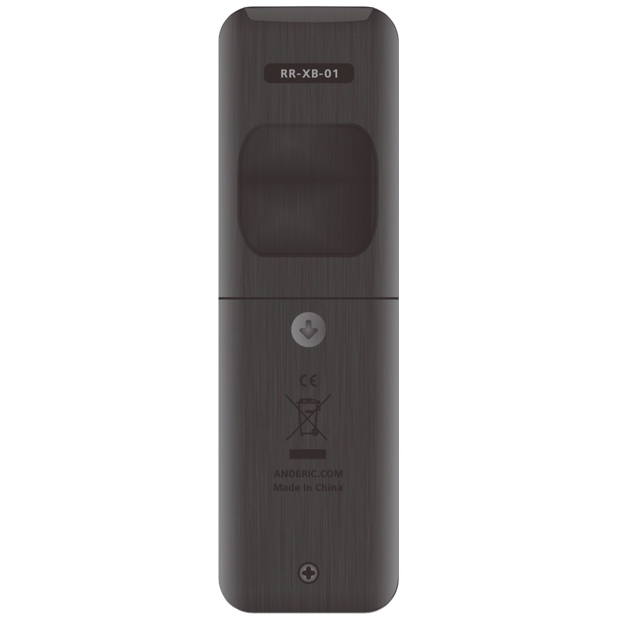 The rear view of the Anderic RRXB01 Media Remote for Xbox One shows the battery cover, labeled "RR-XB-01," and indicates preprogrammed compatibility with LG/Vizio TVs. It also displays recycling and manufacturing details.