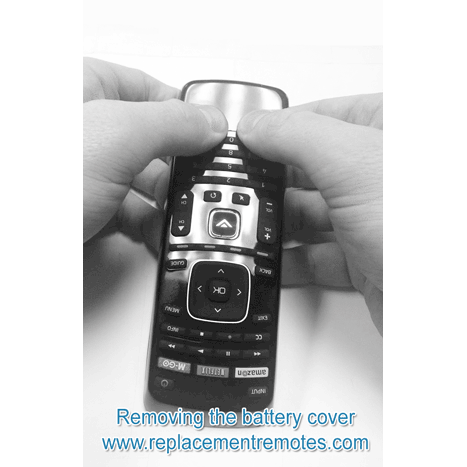 Hands removing the battery cover from an Anderic RRXRT112 for Vizio TV Remote Control, highlighting its seamless compatibility with various devices.