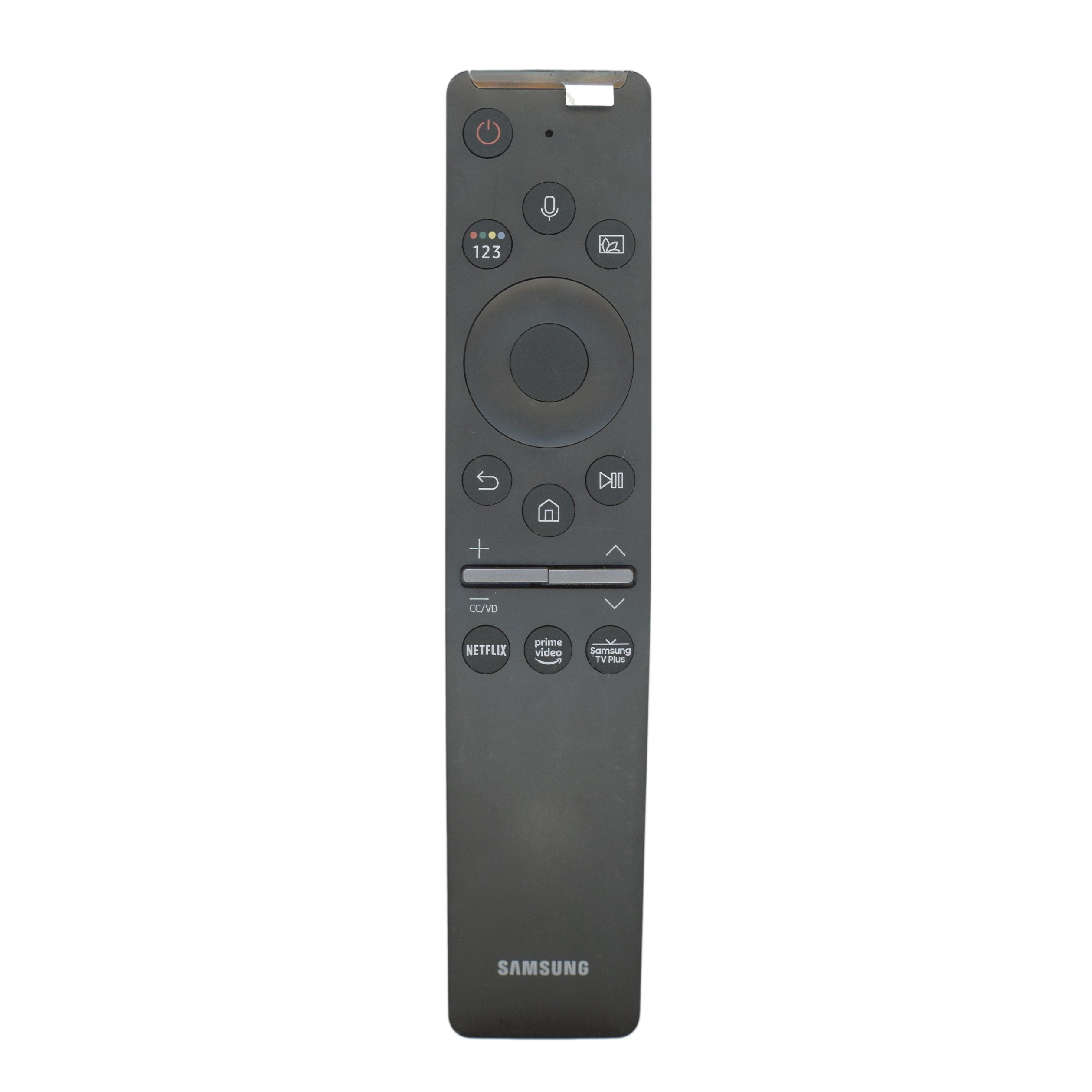 The Samsung BN59-01330C / RMCSPR1AP1 2020 RF Voice TV Remote Control features power, number, navigation, and volume buttons, plus dedicated buttons for Netflix, Prime Video, and Samsung TV Plus.