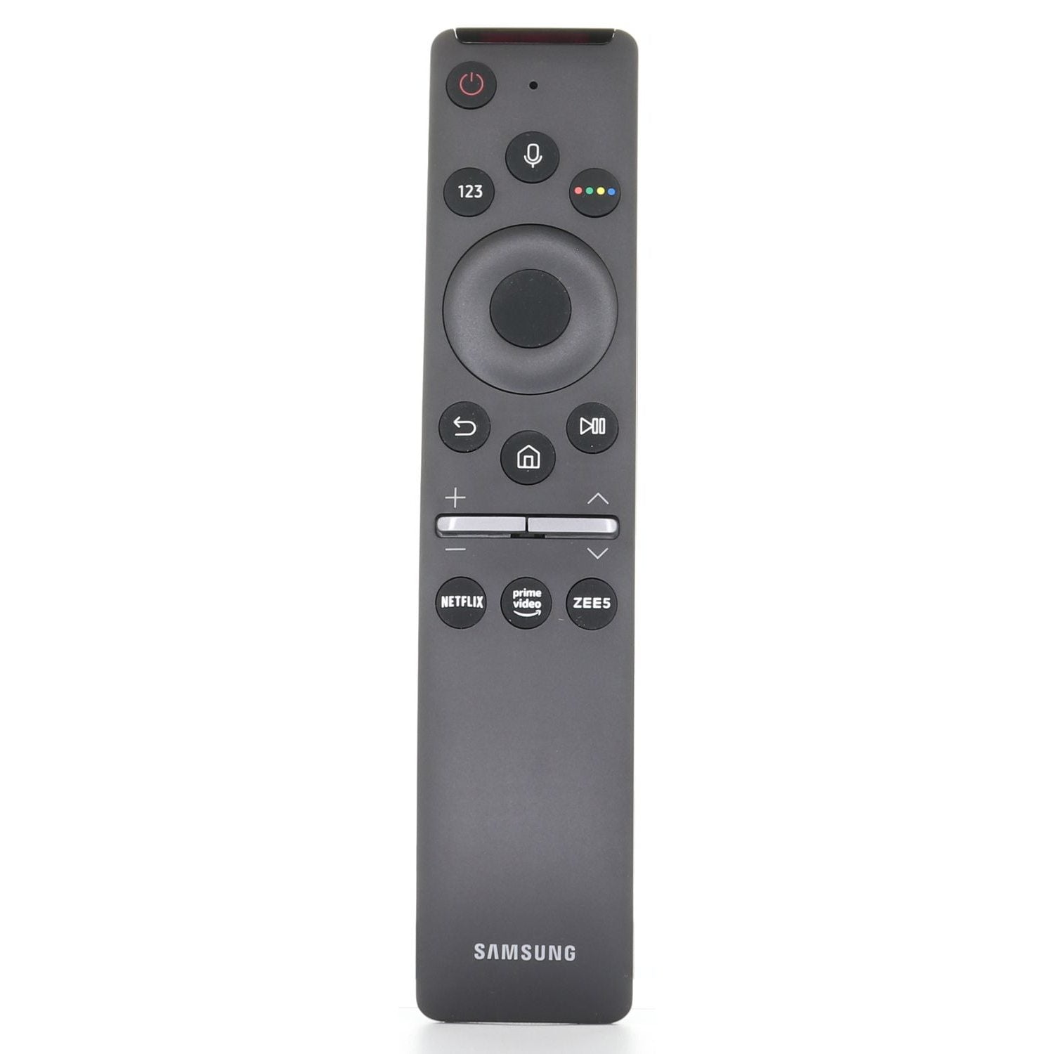 The Samsung BN59-01337B / RMCSPR1AP1 2020 RF TV Remote Control features power, volume, navigation buttons, and dedicated Netflix, Prime Video, and ZEE5 buttons. Model: BN5901337B. Color: black.