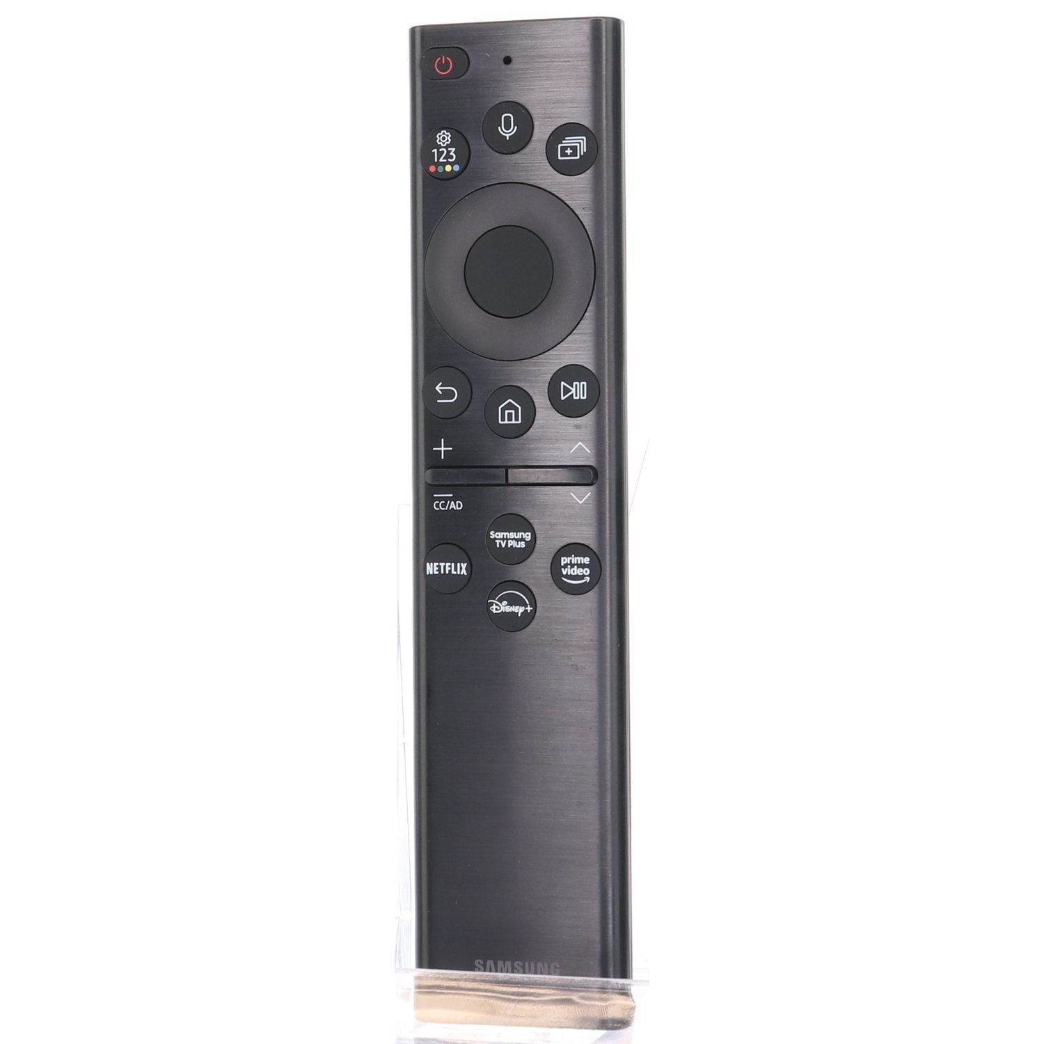 The Samsung BN5901385A / TM2280E 2022 Smart SolarCell TV Remote Control in black features buttons for power, volume, navigation, and streaming services like Netflix and Disney+, ideal for elevating your QLED TV experience.