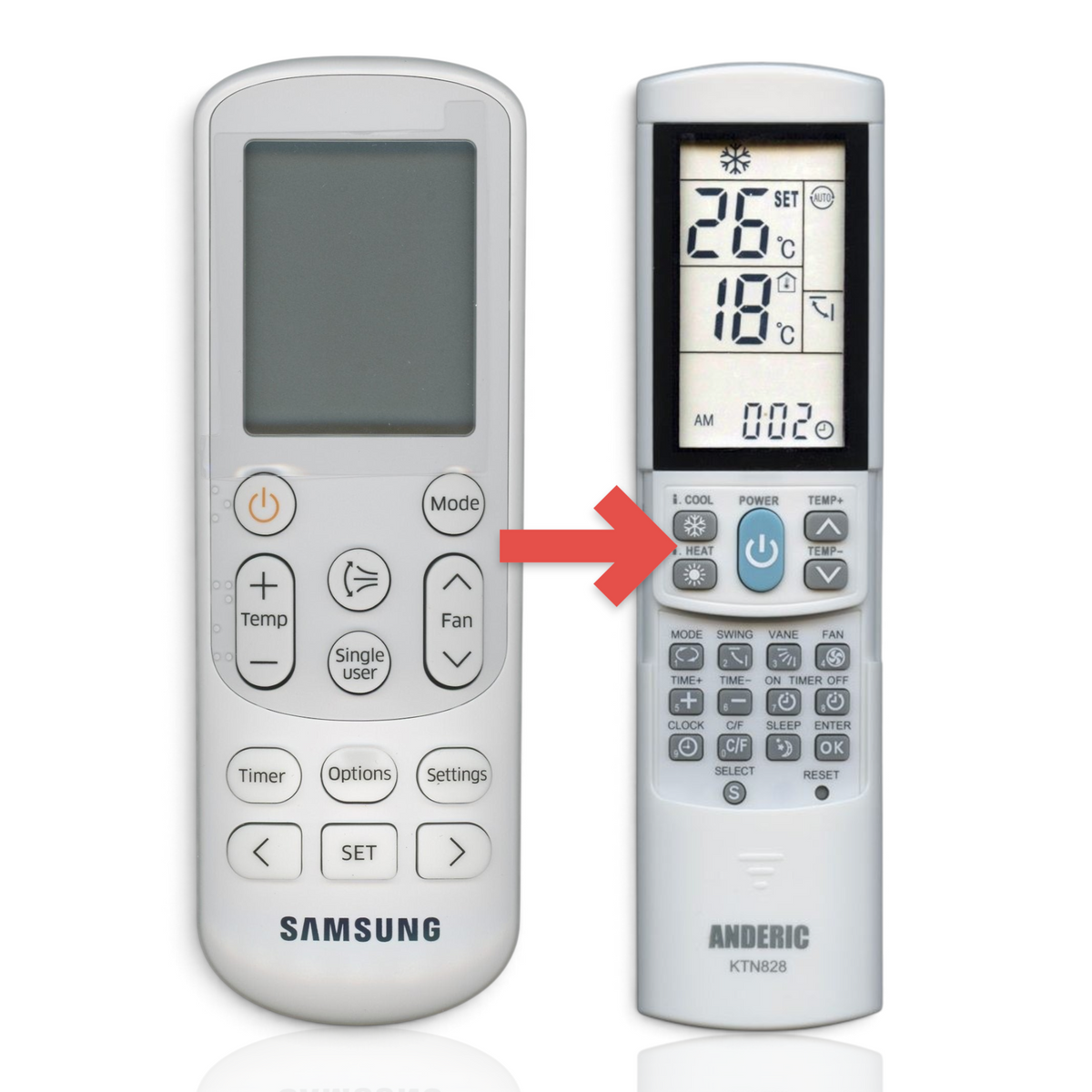 Anderic KTN828 remote control substitute for Samsung DB93-15882Q air conditioner with LCD screen and function buttons.