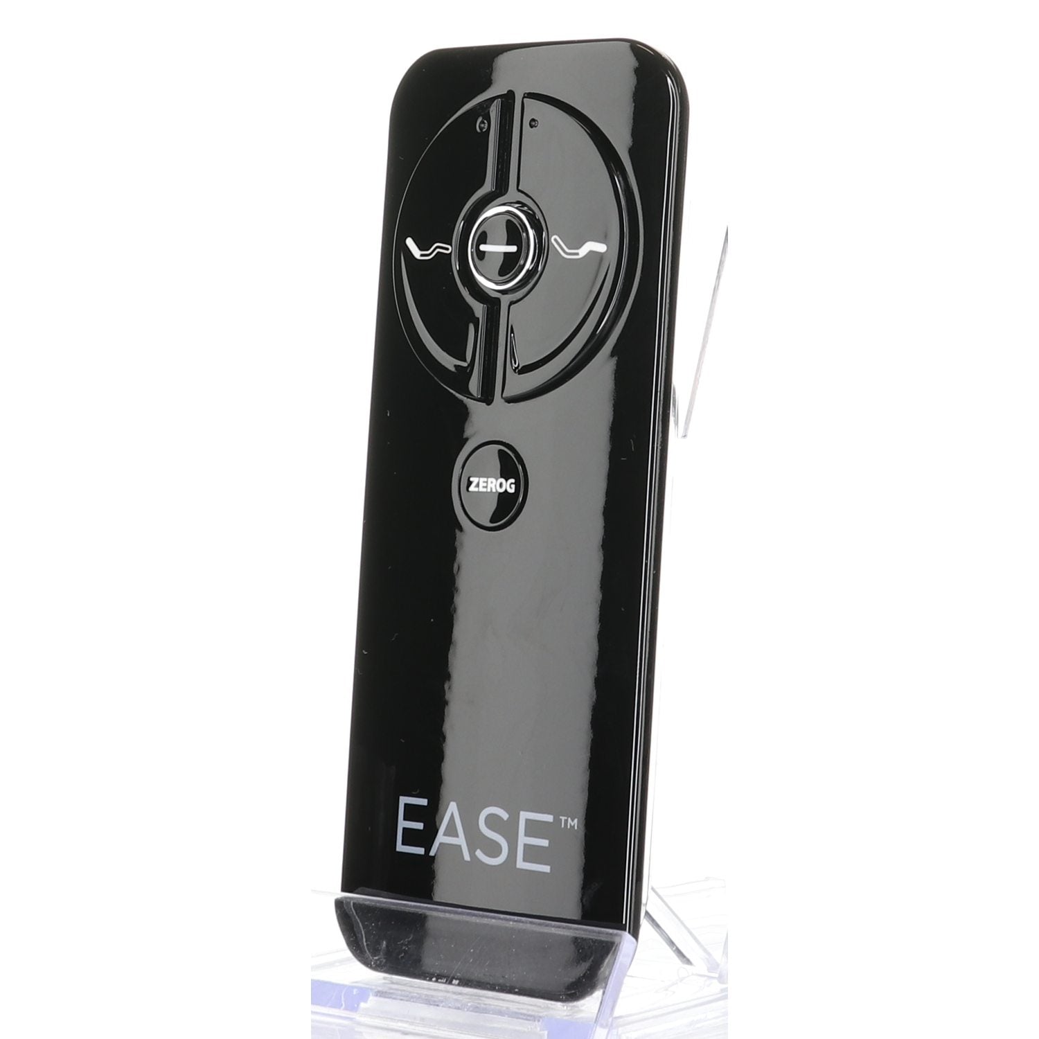 The Sealy RF368B EASE BLACK ERGO Adjustable Bed Remote Control (JLDK.30.03.13) features a black design, circular navigation pad, "ZERO G" button, is displayed on a clear stand, and may include child lock functions.