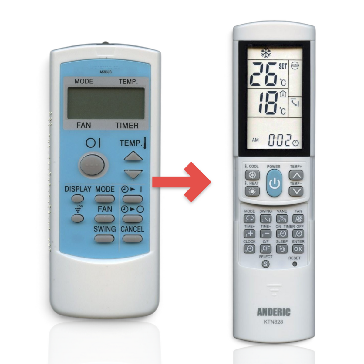 Anderic KTN828 universal air conditioner remote control replacing the Sharp A589JB model with backlit LCD display