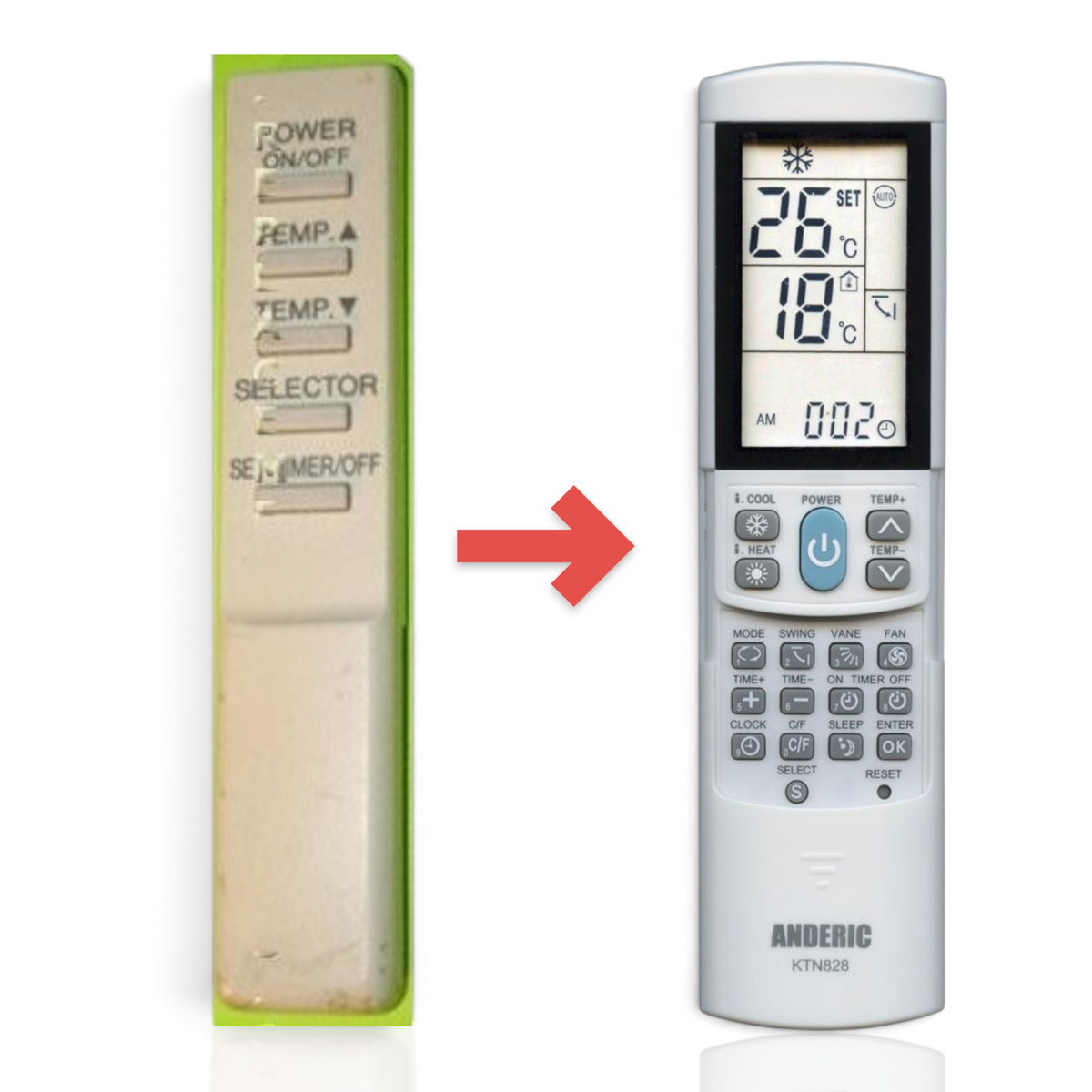 Anderic replacement remote control for Sharp air conditioners featuring a white plastic body and labeled buttons