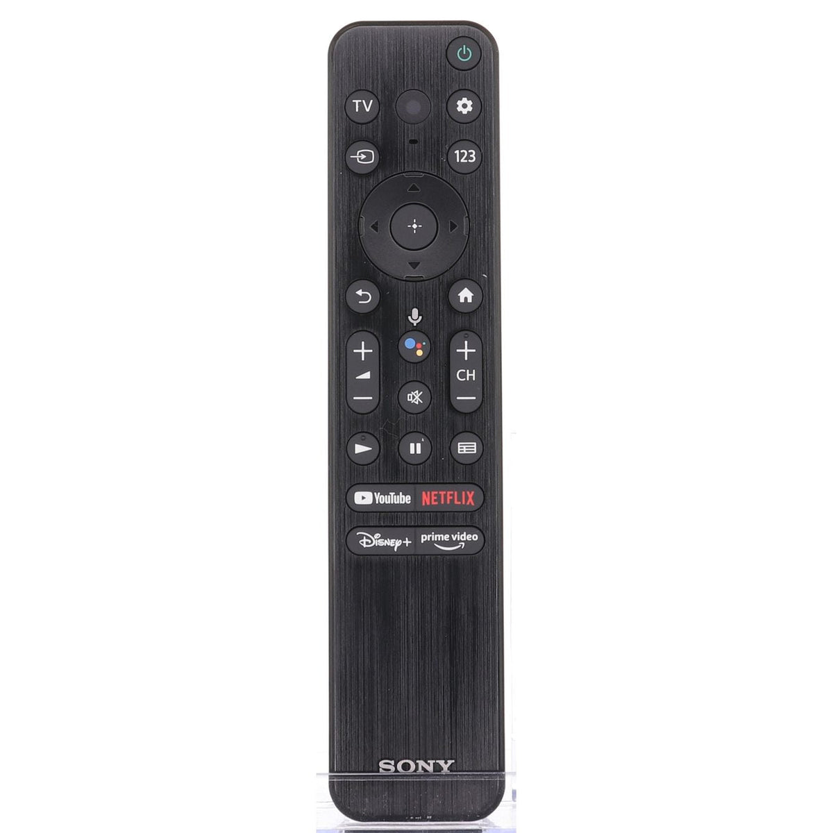 The Sony OEM RMF-TX800U Remote Control for BRAVIA XR sits on a white background, featuring buttons for TV, Netflix, YouTube, Disney+, Prime Video, volume, and channels. Designed to enhance your 4K Ultra HD BRAVIA XR experience.