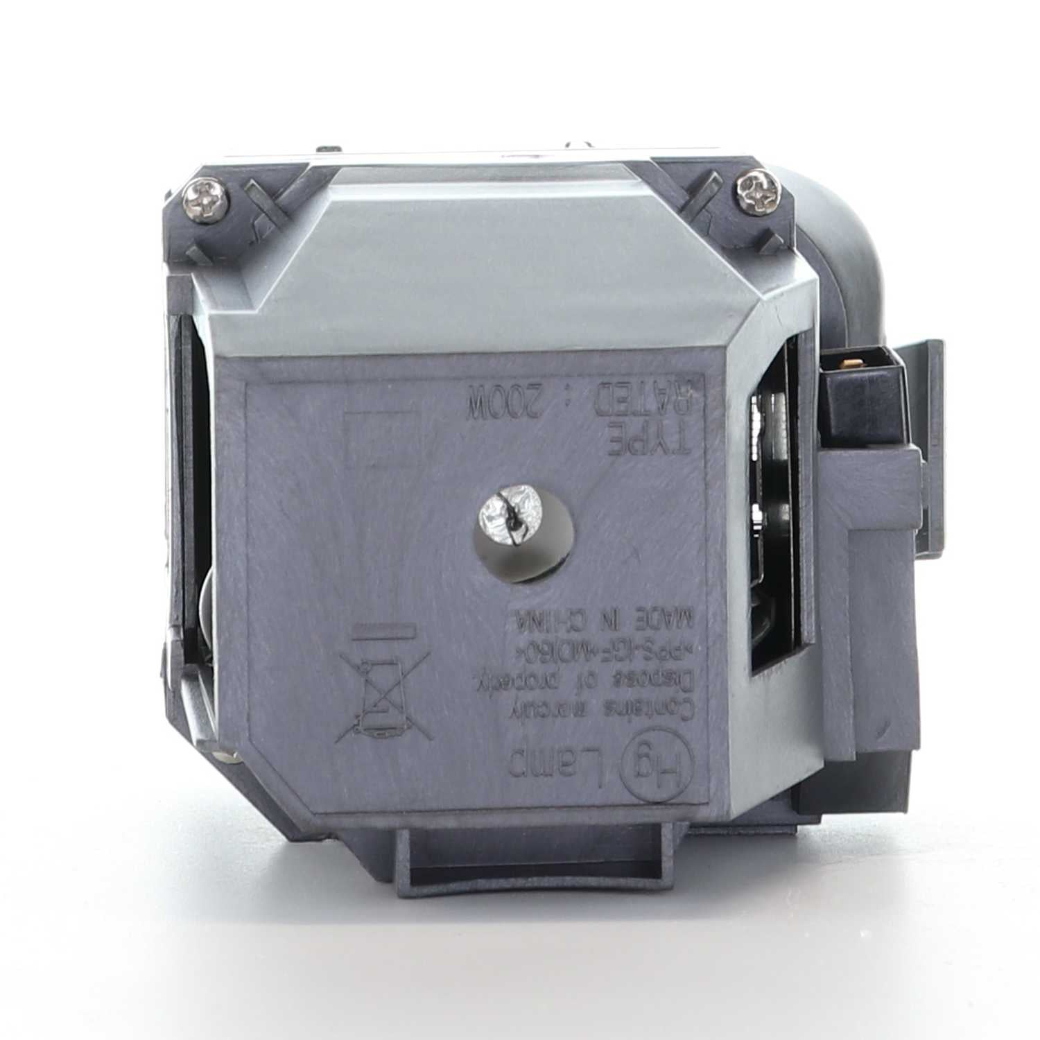 The Generic V13H010L87 for Epson Projector Lamp Assembly with OEM Bulb features a grey plastic housing, a clear Osram P-VIP bulb, various screws, and text markings.
