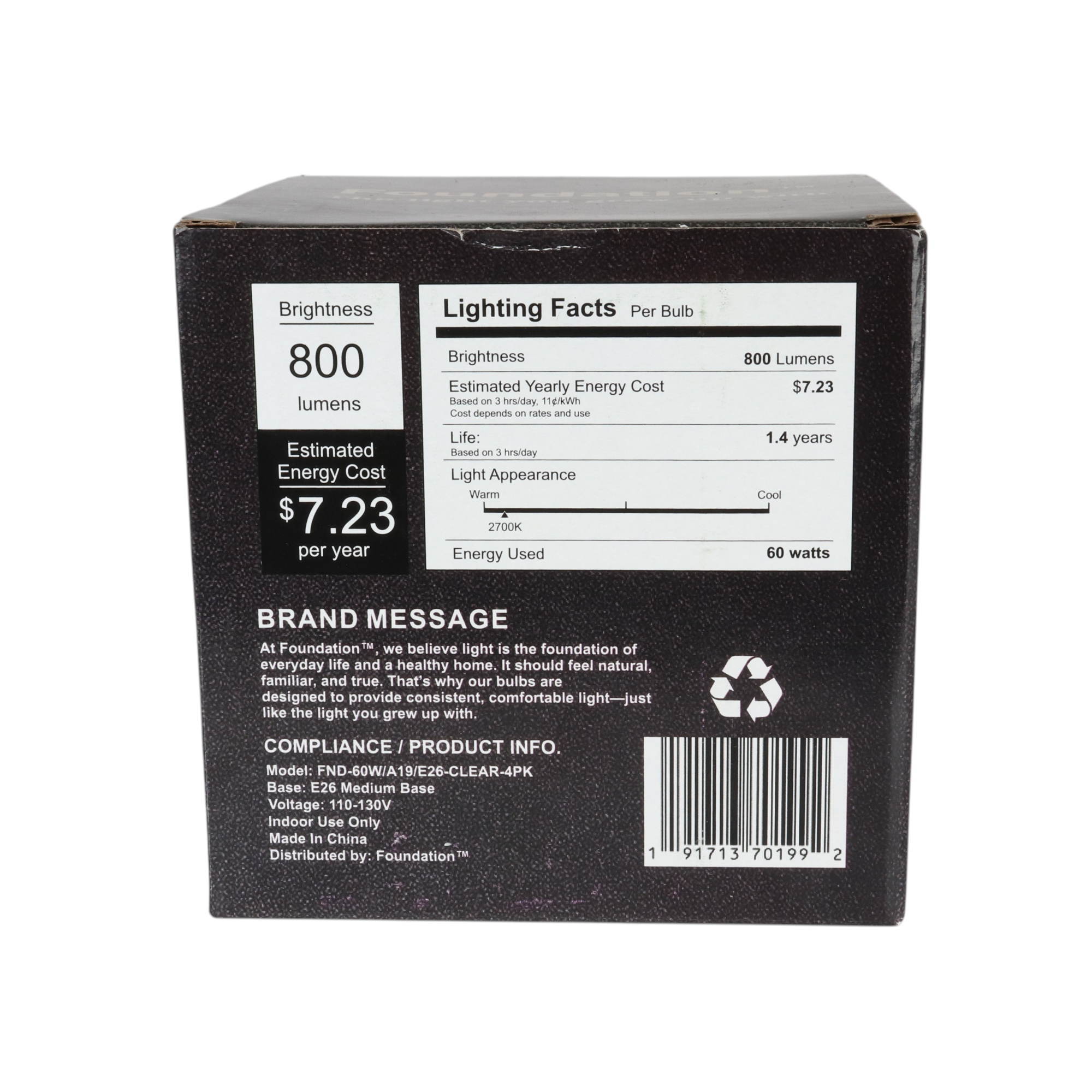 Ampoule à incandescence Foundation™ 60 W à spectre complet, intensité variable - Blanc doux 2700 K, culot moyen E26 - Paquet de 4