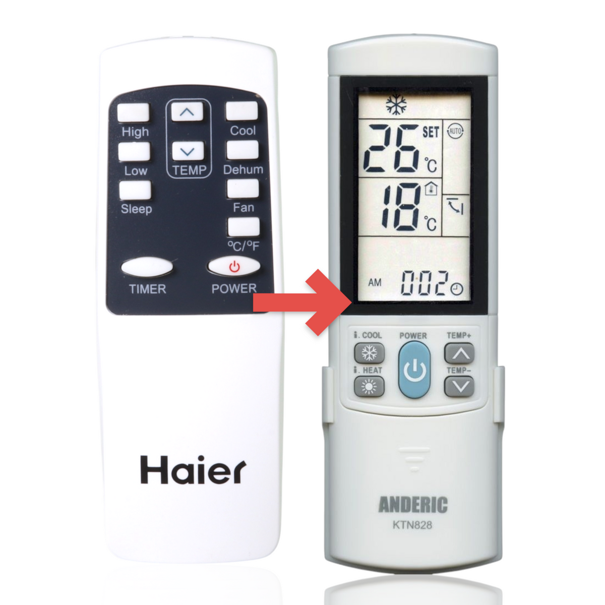 Anderic replacement remote control for Haier and GE air conditioners with white casing and black button interface.
